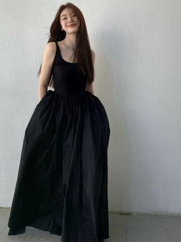 Black Long Tank Dress Women Spring Summer O Neck Floor-length Office Lady Casual Pockets Dresses 2023 New Female Clothing